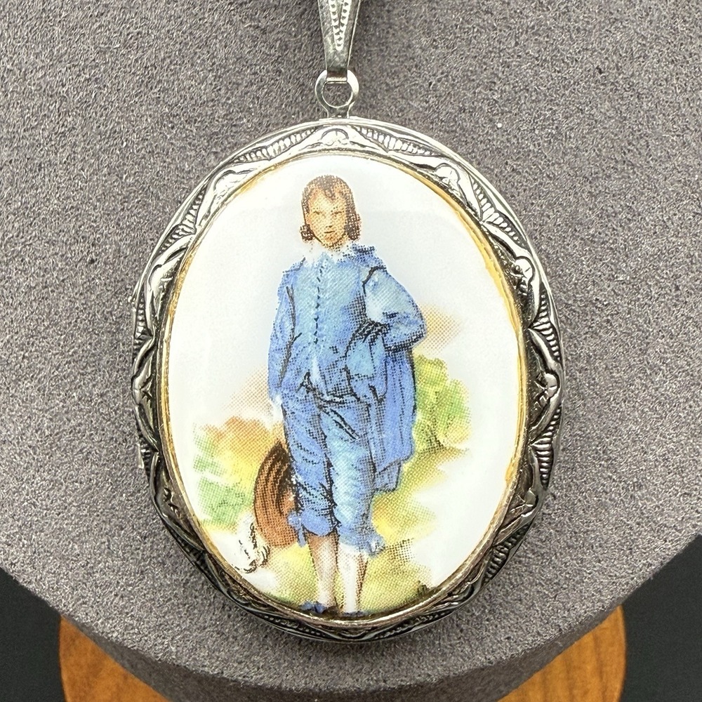 Vintage Victorian Style Boy in Blue Portrait Locket Pendant Silver Tone Necklace